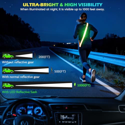 Fokia Kunbio LED Reflective Running Gear High Visibility Reflective Belt Sash with Armband for Walking at Night,Adjustable Running Safety Gear Light Up Running Belt for Runners Walkers Men Women - color: Orange