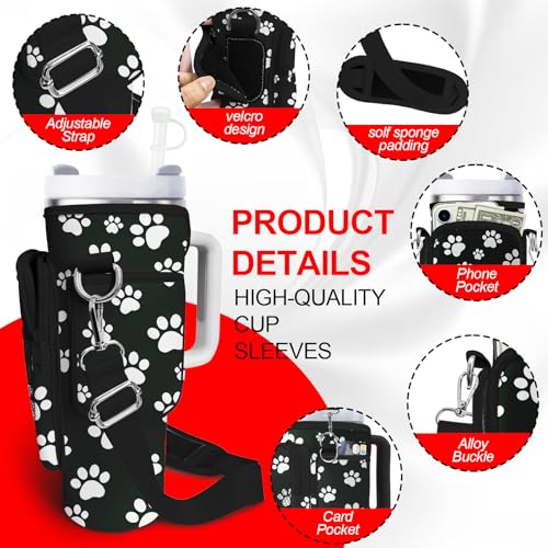 Water Bottle Carrier Bag for Stanley Cup 40oz/30oz with Phone Pocket, Neoprene Water Bottle Holder with Adjustable Shoulder & Handle Strap, Stanley Cup Accessories for Walking Travel Gym - color: Dog Paw