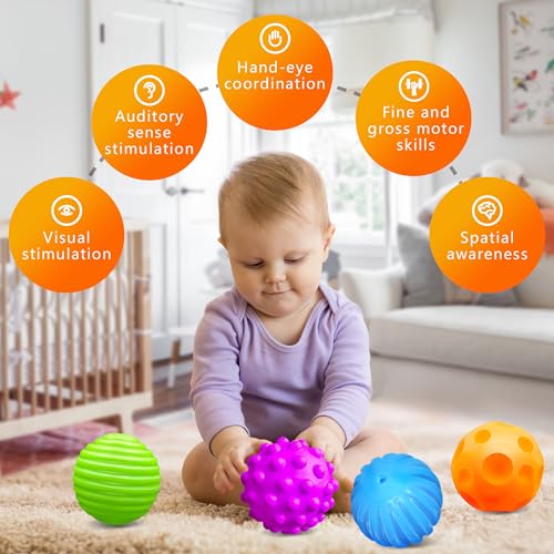 Baby Balls, 4 Pack Textured Multi Ball Set for Babies 3 Months+ - color: Vibrant Easy-Grip Balls