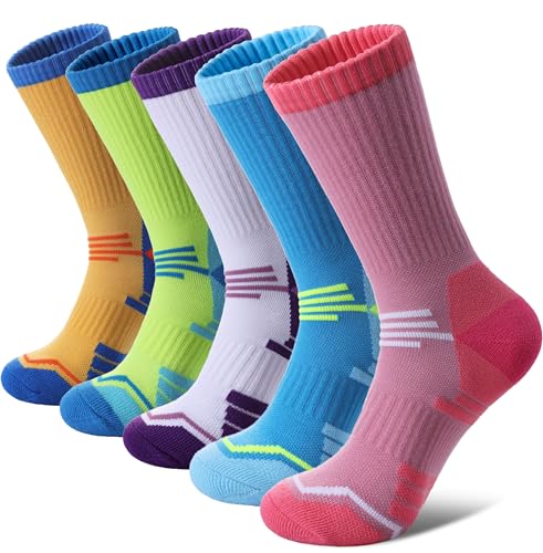 FNOVCO Women's Hiking Walking Running Crew Socks Thick Cushioned Athletic Compression Socks 5 Pairs - color: 5 Pairs Multicolor 02, size: 9-11