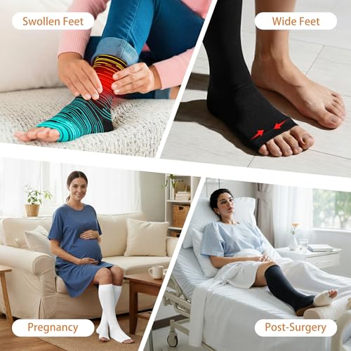 Compression Socks for Women&Men 20-30mmHg Graduated Knee High Stocking - color: 02-5 Pairs Open Toe White, size: Small-Medium