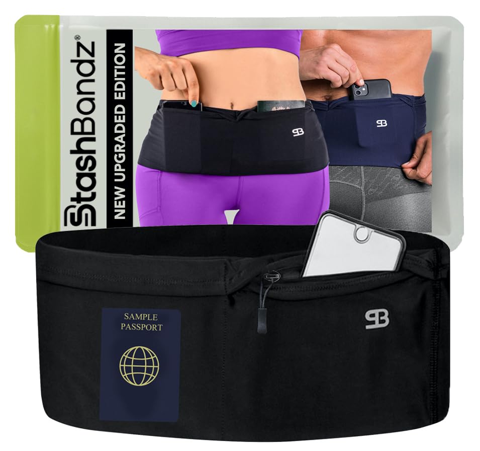StashBandz Running Belt, Money Belt, 4-Pocket Phone Holder with Zipper - color: Black, size: Medium