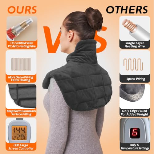 Ambershine 19''x24'' Weighted Neck & Shoulder Heating Pad, 2.5lbs with 12 Temperature Settings& 4 Auto-Off Timers, Pain Relief for Neck/Shoulder/Back(Gray) - color: 01-gray