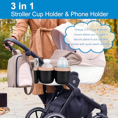 Accmor Stroller Cup Holder with Phone Holder, Bike Cup Holder, Walker Scooter Wheelchair Cup Holder Attachment, Universal Cup Holder for Uppababy Graco Strollers - color: Double Holder-Pink