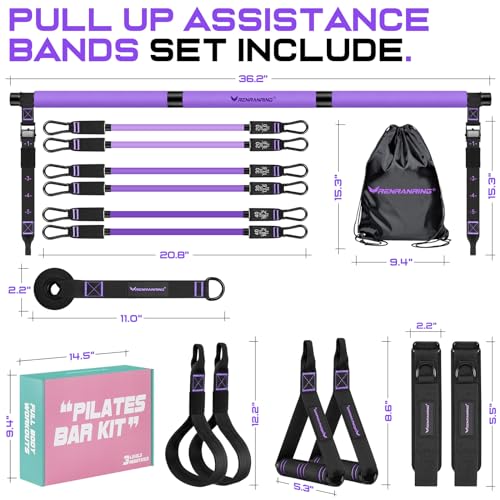 Pilates Bar Kit with Resistance Bands, Pilates Workout Equipment for Women - color: Purple