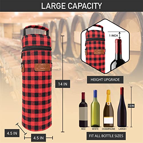 opux Single Bottle Wine Bag Carrier, Insulated Cooler Tote, Plaid Red Black - color: Buffalo Plaid Red