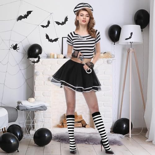 Junely Compression Socks for Women Knee High Striped Polka Dot Stockings - color: A2-black and White