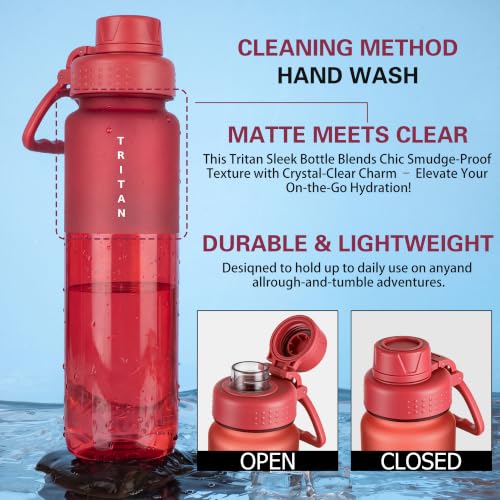 OLDLEY 32oz Water Bottle with Handle, BPA-Free Tritan Reusable Sports Water Bottle with Leak-Proof Dust Lid, Wide Mouth, Cup Holder Friendly, Half Frosted Clear Bottle for Gym,Travel, Work,Cherry Red - color: Cherry Red