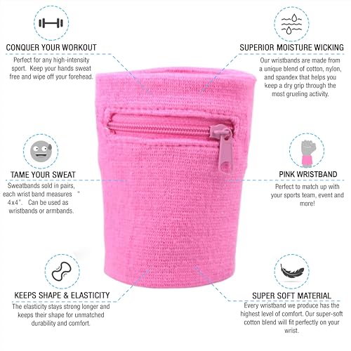 Suddora Zipper Wrist Pouch - Sweatband/Wristband Wallet for Keys, ID, Cards, Cash - color: Pink