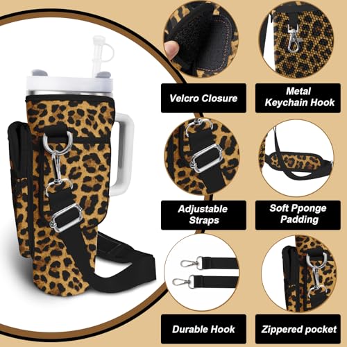 Water Bottle Carrier Bag for Stanley Cup 40/30oz, Neoprene Water Bottle Holder Pouch with 3 Pocket Adjustable Shoulder & Hand Strap - color: Brown Leopard Print
