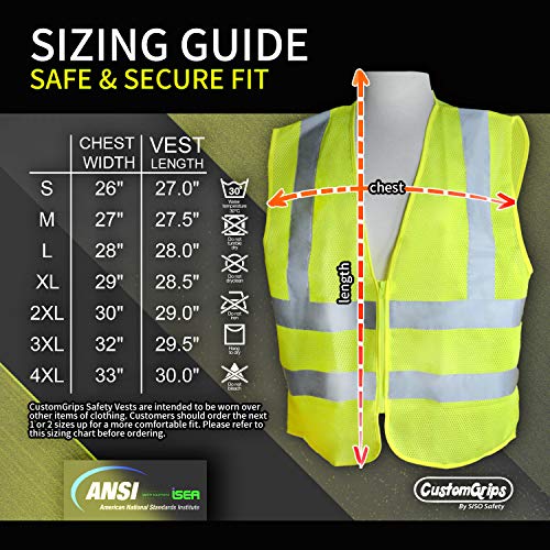 CustomGrips BY SISO SAFETY Vest 4X-Large, with Reflective Strips for Safety, High Visibility Safety Vest with Pockets, Breathable Fabric Multipurpose Work Vest for Men and Women ANSI Class 2 Vest