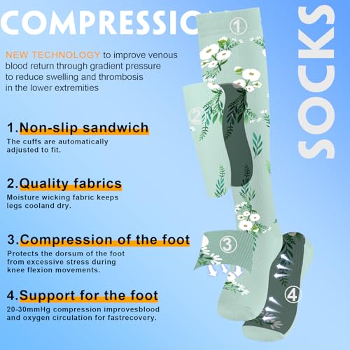bropite Compression Socks For Women&Men,6 Pairs 20-30 mmHg Knee-High Socks - color: 10 Greendandelion 28, size: Small-Medium