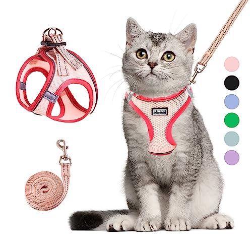 Cat Harness and Leash Set, Soft and Breathable Vest with Reflective Strip, Escape Proof Kitten Harness, Easy to Wear for Cats Walking and Traveling (Pink, XXS) - color: Pink, size: XXS (Chest:10''-11'')