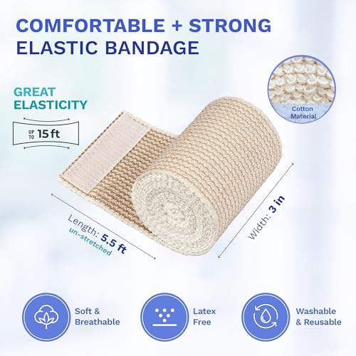 3" Elastic Bandage Wrap with Self-Closure, 2-Pack – 15 ft Stretched – Latex-Free, Reusable, Washable – Compression Support for Sprains, Injuries, Swelling, Sports Recovery - size: 3"