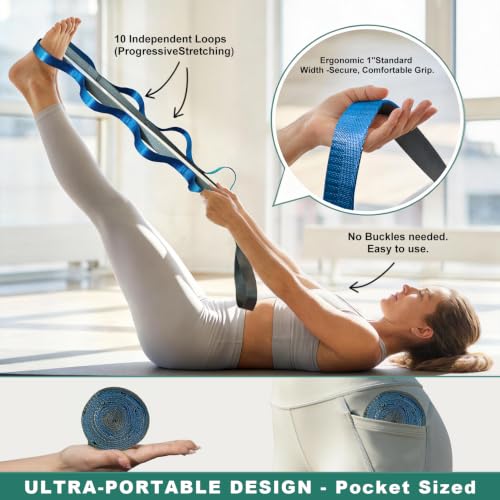 Acozycoo Stretching Strap with Loops for Leg Calf Back Physical Therapy - color: Blue