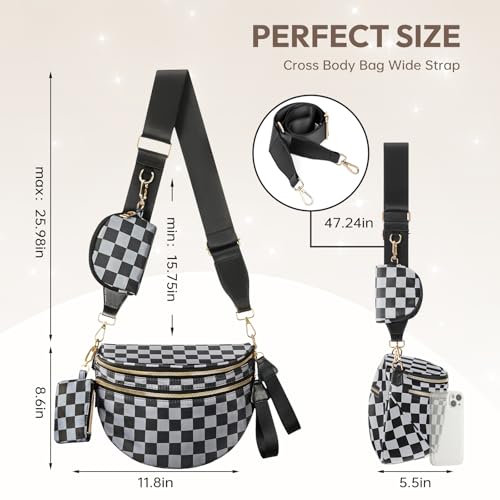 Cross Body Bag for Women Bum Bag Checkered Belt Bags Fanny Packs for Girls Travel Purse Fashion Waist Packs Crossbody Nylon Purse Trendy Shoulder Bags for Womens - color: Checkered Grey
