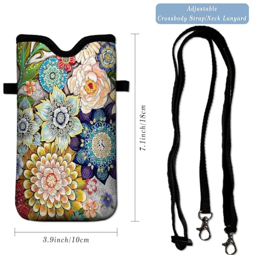 Universal Neoprene Cell Phone Pouch 7.1 X 4 in Mobile Protection Case Bag with Crossbody Strap/Neck Lanyard Mandala Flower Printed Pattern - color: Mandala Flower Printed Pattern