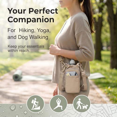 Water Bottle Holder with Strap, Crossbody Sling Bag for Walking Hiking - color: Khaki