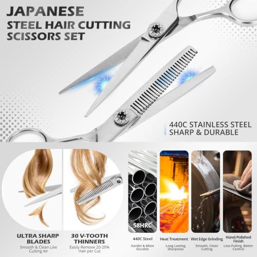 21Pcs 440C Hair Cutting Scissors Kit, Hair Scissors & Thinning Scissors Set - color: Silver