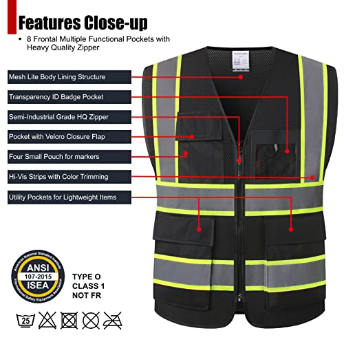 Reflective Safety Vest for Men Women High Visibility Vest with 8 Pockets and Front Zipper Mesh Reflective Vest (Black-07, Medium) - color: Black, size: Medium
