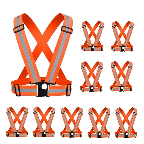 Reflective Strap Safety Vest Gear - 2-10 Pack Adjustable High Visible Reflective Running Gear for Women Men Night - color: Orange x10