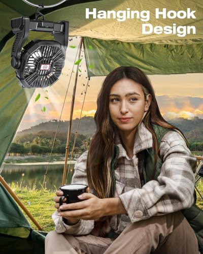 AEscod Portable Camping Fan, Rechargeable Battery Operated with LED Lights, Hanging Hook, 270°Rotation, 20000mAh Battery Powered Fan for Beach, Office, Picnic, Fishing, Travel, Tent - color: black