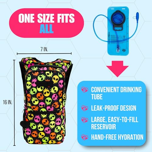 Kandies World Reflective Festival Hydration Pack - 2L Hydropack for Raves, Hiking, Biking, Running, and More (with Anti-Theft Pocket) - style: Skull Alien