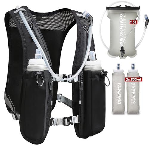 Running Hydration Vest for Women and Men. Reflective, 8 Pocket, Quick Dry, Water-Resistant, Breathable, Adjustable Backpack for Runs, Hiking, Cycling, Trails, Marathons - style: Black Vest + 1.5L Bladder + 2x 500ml Soft Flasks