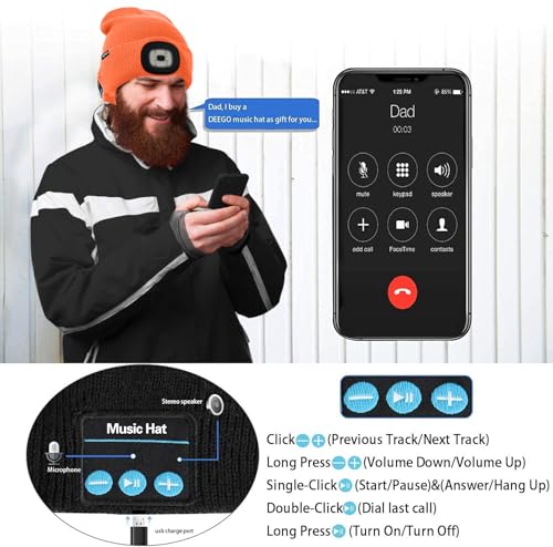 ATNKE LED Lighted Bluetooth Beanie Hat,USB Rechargeable 4 LED Wireless Music Running Headlamp Cap Gift for Men and Women - color: #Bright Orange