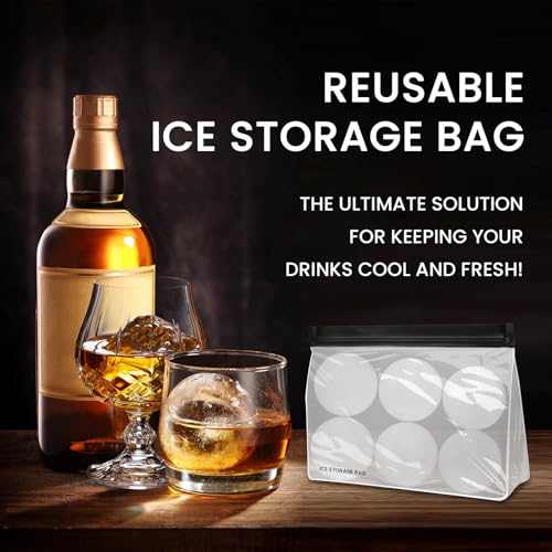 2 Pack Whiskey Ice Ball Storage Bags, Reusable Freezer Bags with Secure Zipper Seal, For Whiskey, Bourbon, and Cocktails Enthusiasts, Fits 6 Ice Balls & Ice Cubes, 10”x7”x3”, Leakproof and BPA Free