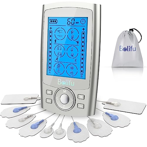 Belifu Dual Channel TENS EMS Unit 24 Modes Muscle Stimulator for Pain Relief Therapy, Electronic Pulse Massager Muscle Massager with 10 Pads, Dust-Proof Drawstring Storage Bag, Fastening Cable Ties - color: Silver