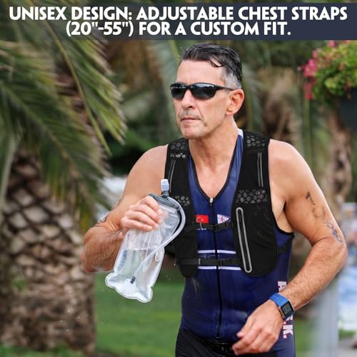 2 Pcs Running Vest for Women Men, Reflective Running Vest with Adjustable Waistband & Phone Pocket, Outdoor Pack Lightweight Breathable Backpack for Marathon Hiking - color: Black