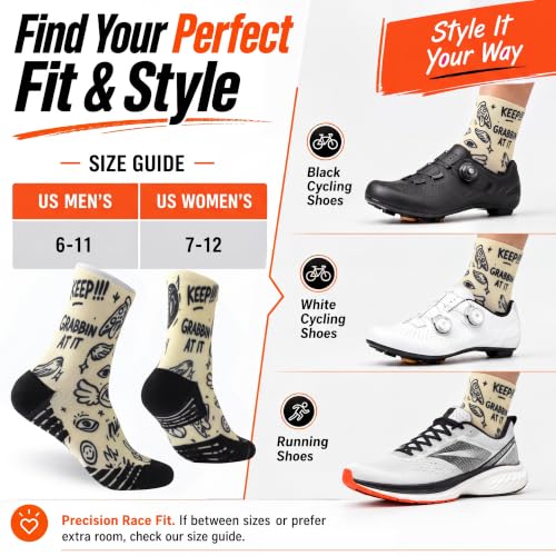 NIcool Cycling Socks For Men, 1/3 Pairs Bright Seamless Compression Running Crew Socks Youth Cushioned Tennis Quarter Socks - color: 1 Pair Ivory/Black Doodle