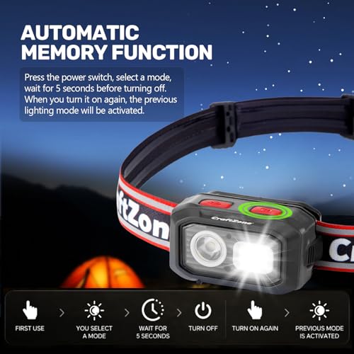 Rechargeable LED Headlamp w/Reflective Headband, 500LM USB-C Waterproof, Motion & Dimming, 4 Modes & Memory, Li-ion/AAA Dual Power, Magnetic 60° Mount for Camp Hike Work - color: Black-Red