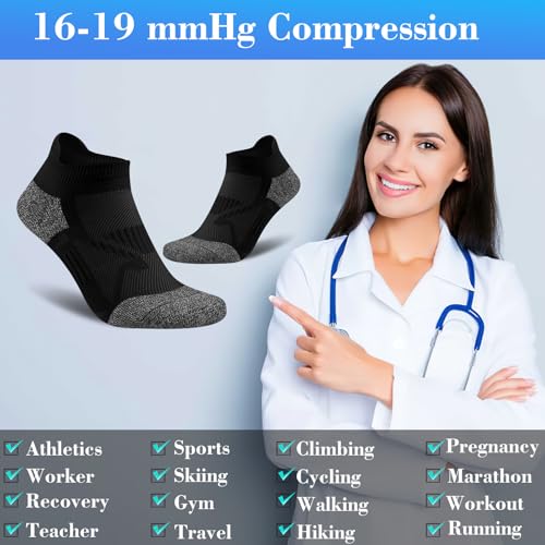 Gonii Womens Compression Ankle Socks，Athletic Running Cushioned Support Low Cut Socks 5-6 Pairs - color: Black, size: 6-8