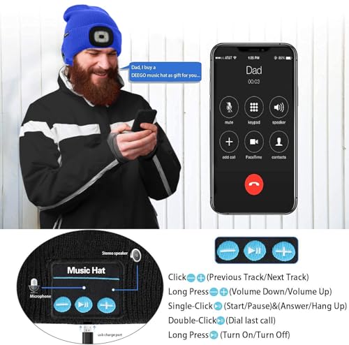 ATNKE LED Lighted Bluetooth Beanie Hat,USB Rechargeable 4 LED Wireless Music Running Headlamp Cap Gift for Men and Women - color: #Blue