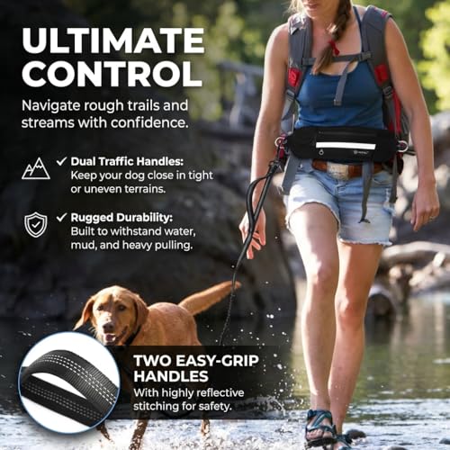 Hands Free Dog Leash with Waist Pouch, Reflective Bungee, Dogs Up to 100 lb - color: Black