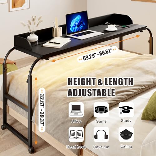 HWB Bed Table Desk with Wheels & Adjustable Height, LED Lights - color: Carbon Black