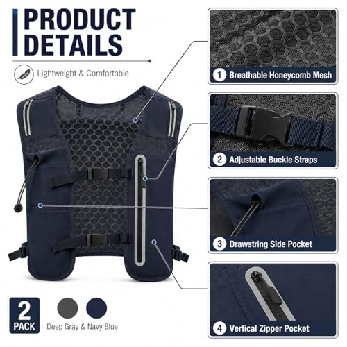 2 Pcs Running Vest for Women Men, Reflective Running Vest with Adjustable Waistband & Phone Pocket, Outdoor Pack Lightweight Breathable Backpack for Marathon Hiking - color: Dark Gray, Navy Blue