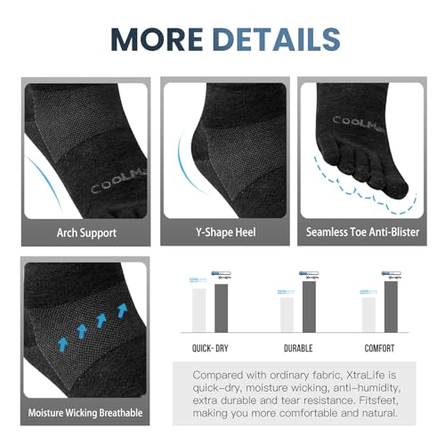 Toe Socks for Men and Women Athletic Running Coolmax Five Finger Ankle/Quarter Socks Breathable Lightweight, 3 Pairs - color: E4109# Black, size: Small