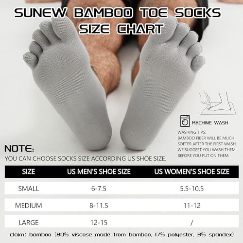 Sunew 3 Pairs Toe Socks for Men Women,Viscose Bamboo Breathable Athletic Running Five Finger Ankle/Quarter Socks - color: Grey, size: Medium