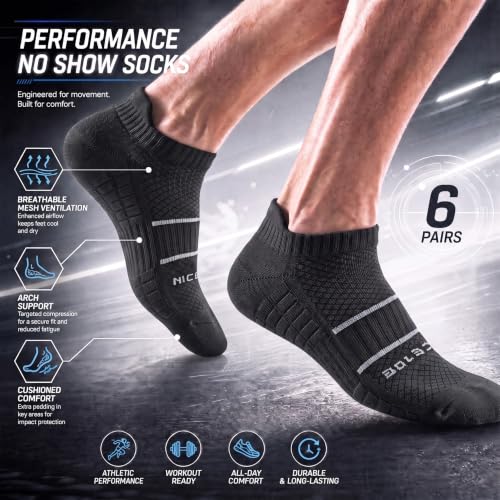 Running Socks Men Size 10-13 Ankle Height with Heel Tab for Athletic - color: 6 Black, size: Large