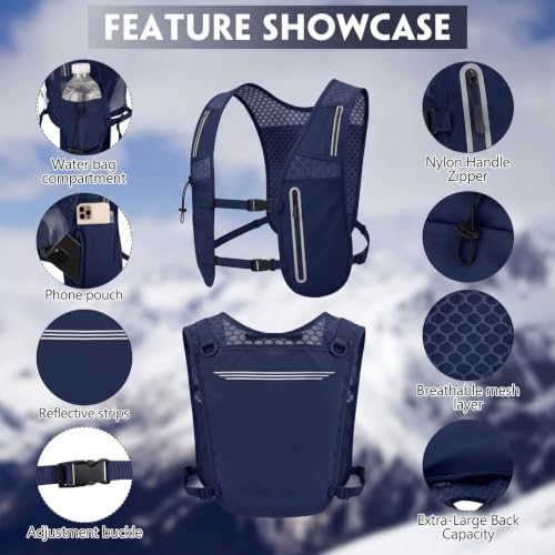 2 Pcs Running Vest for Women Men, Reflective Running Vest with Adjustable Waistband & Phone Pocket, Outdoor Pack Lightweight Breathable Backpack for Marathon Hiking - color: Black, Navy Blue