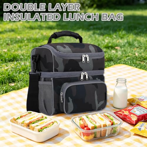 FlowFly Double Layer Cooler Insulated Lunch Bag Adult Lunch Box Large Tote Bag for Men, Women, With Adjustable Strap,Front Pocket and Dual Large Mesh Side Pockets - color: Black#Camo