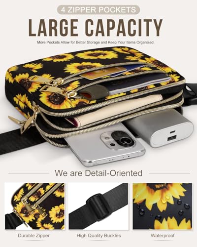 Capolo Fanny Packs for Women 4 Zip Pocket Crossbody Belt Bag Waist Bags - color: Sunflower, size: Medium