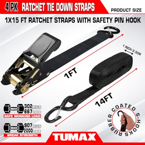 15 FT Ratchet Straps 4-PK 2000 lbs Heavy Duty Cargo Tie Down Straps - size: 2000lbs-Black