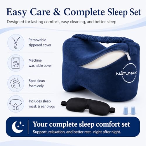 Knee Pillow for Side Sleepers - Relief from Sciatica Pain, Back/Leg Pain, Pregnancy, Hip and Joint Pain Memory Foam Leg Pillow + Free Sleep Mask and Ear Plugs - color: Blue