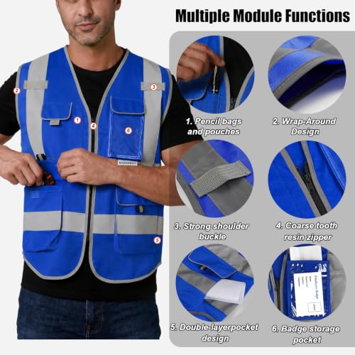 HYCOPROT High Visibility Safety Vest Hi Vis Reflective Construction Vests with Pockets for Men Women,Meets ANSI/ISEA Standard - color: Blue, size: X-Large