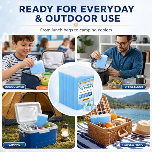 TOPOKO Ice Packs for Lunch Bags, Coolers & Freezers – 6 Pack Reusable Ice Packs, Slim, Leak-Proof, Long-Lasting Cold, Quick Freeze for Picnic, Camping, Beach, Hiking & Outdoor Sports