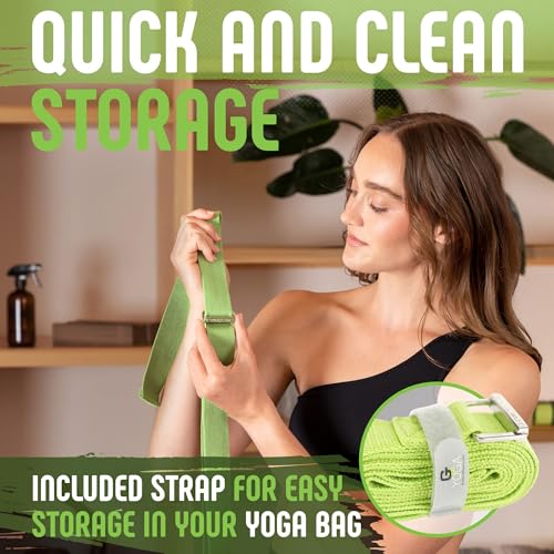 Yoga Strap with Buckle, Soft Cotton/Polyester Webbing, 8 ft - color: Green